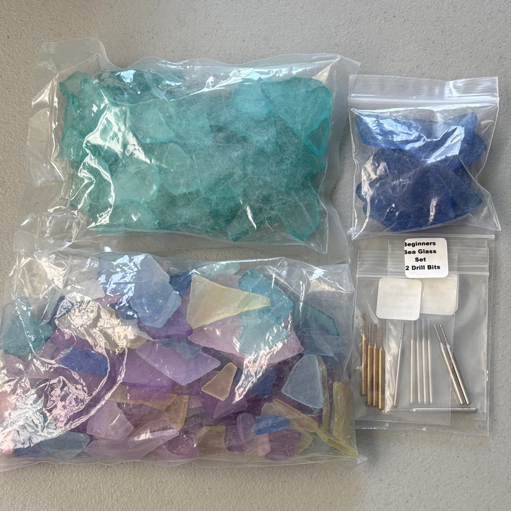 Mixed Blue, Teal & Purple Sea Glass Chips - Decorative Craft Supply & Drill Bits